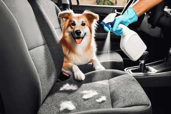 Dog on a car seat while a gloved hand sprays odor treatment over pet hair