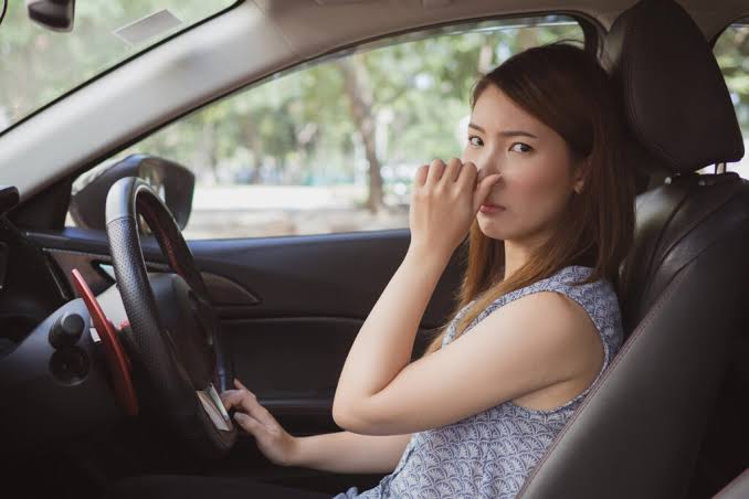 Driver holding her nose because of an unpleasant smell inside the car